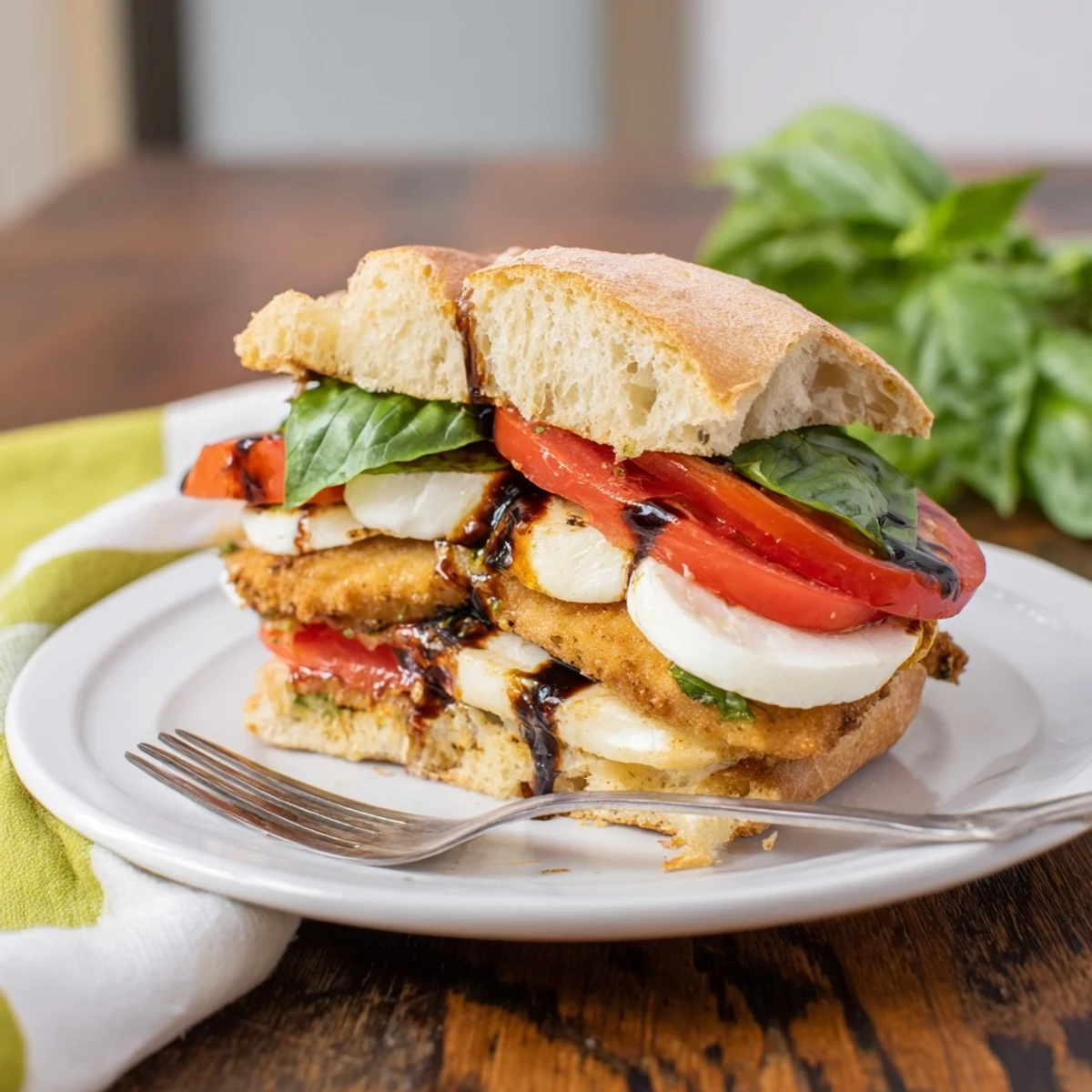 Golden-breaded chicken breasts topped with melted mozzarella, fresh basil, and ripe tomato slices on toasted ciabatta, drizzled with balsamic glaze for a delicious Italian-inspired sandwich.