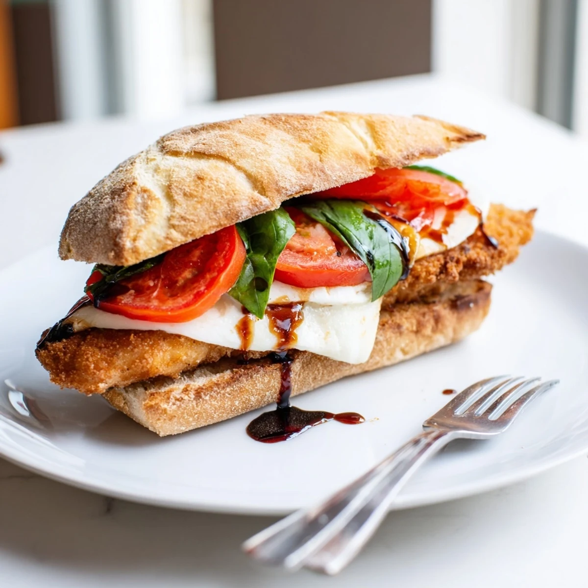 A close-up view of a Crispy Chicken Caprese Sandwich with crunchy breaded chicken, melted mozzarella, vibrant basil, and red tomato, all stacked on a rustic toasted ciabatta.