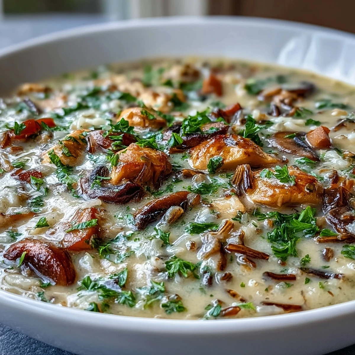 A close-up of the savory Parmesan Mushroom Chicken and Wild Rice Soup, showcasing tender chicken pieces and earthy mushrooms.