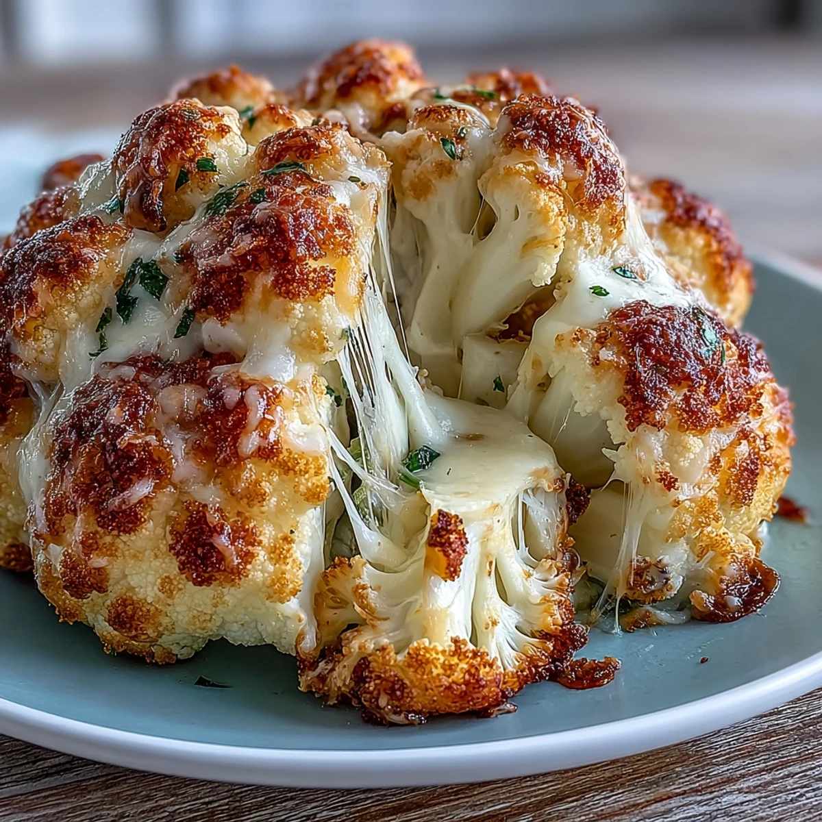 Perfect vegetarian main course featuring Cheesy Stuffed Cauliflower Head served with fresh green herbs and warm crusty bread.