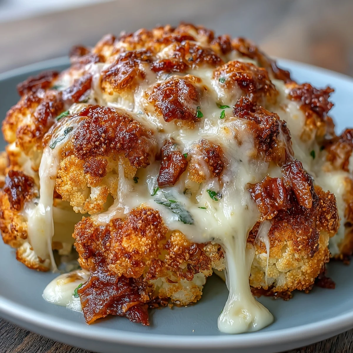 Golden Cheesy Stuffed Cauliflower Head garnished with parsley, showcasing its bubbly cheese topping and tender roasted florets inside.