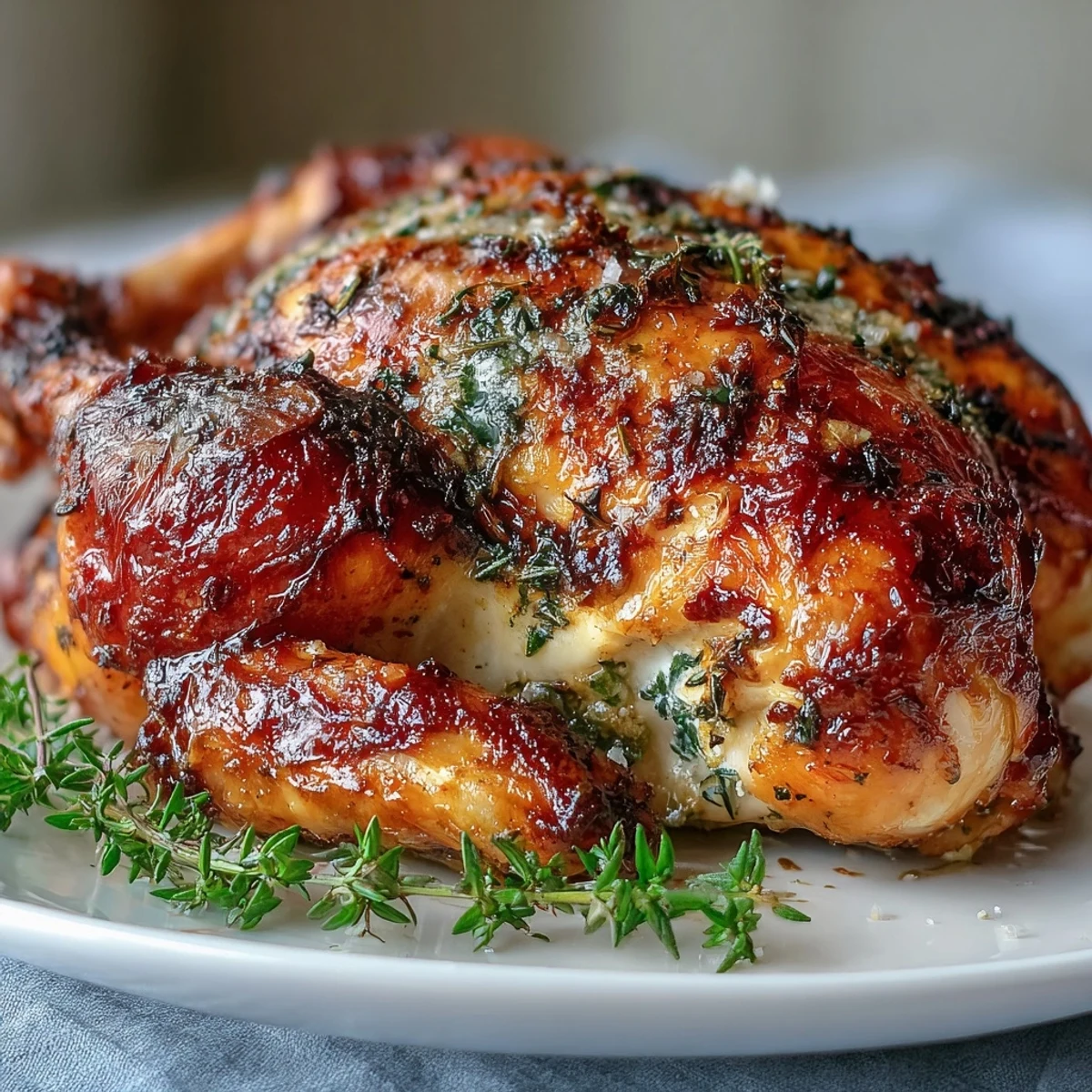 Juicy roasted chicken with golden crispy skin, served with buttery pot potatoes, lemon herbs, and crumbled feta on a rustic platter.  