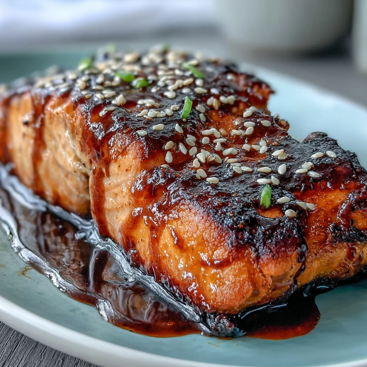 Crisp maple soy glazed salmon fillets rest on fluffy jasmine rice with vibrant steamed broccoli, snap peas, and red bell pepper slices.