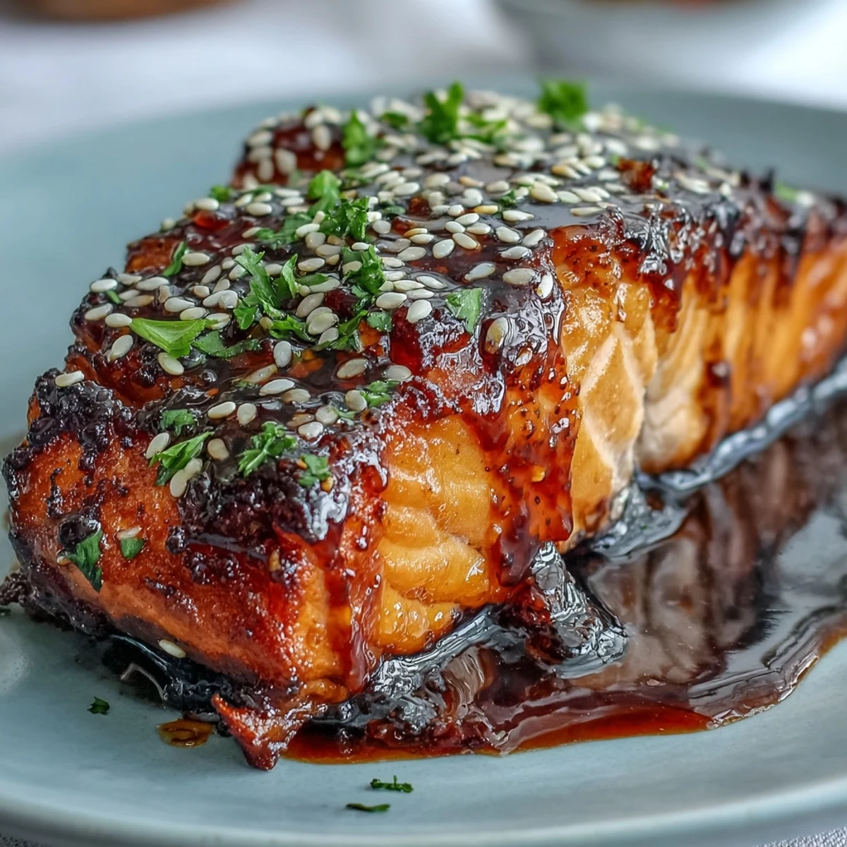 A close-up of glossy, caramelized maple soy glazed salmon over a bed of rice and crisp vegetables, ready to be enjoyed.