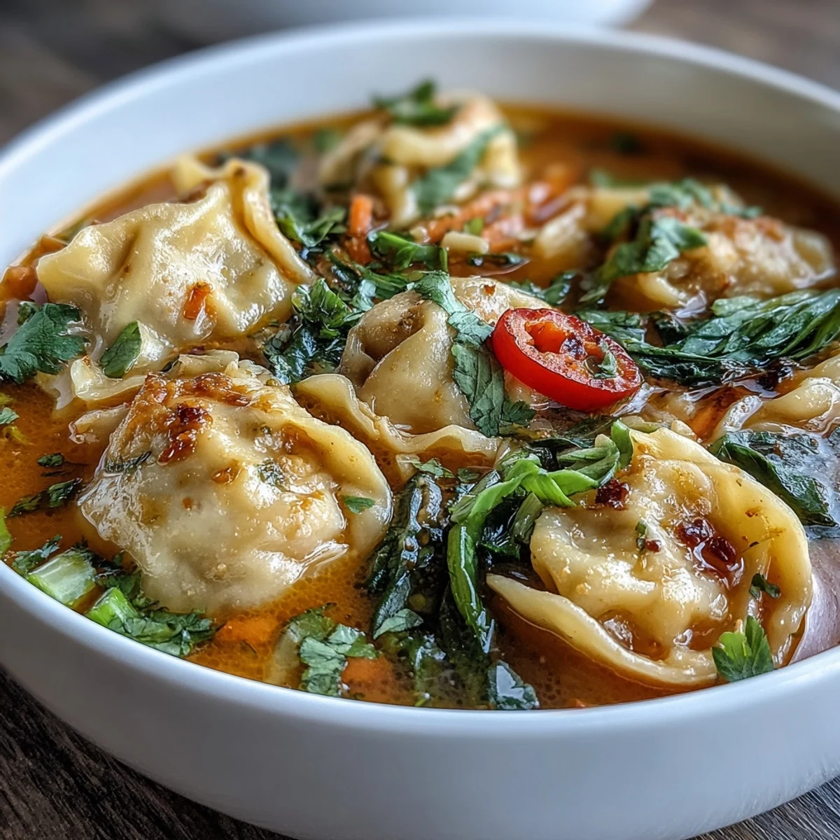A comforting bowl of Red Curry Wonton Soup with Greens, showcasing tender baby spinach and shredded carrots in a rich, colorful broth.  