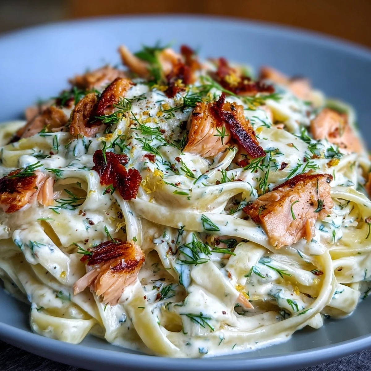 Warm, creamy salmon pasta twirled on a fork, showcasing rich sauce and tender flakes of salmon, perfect for pescatarian meals.