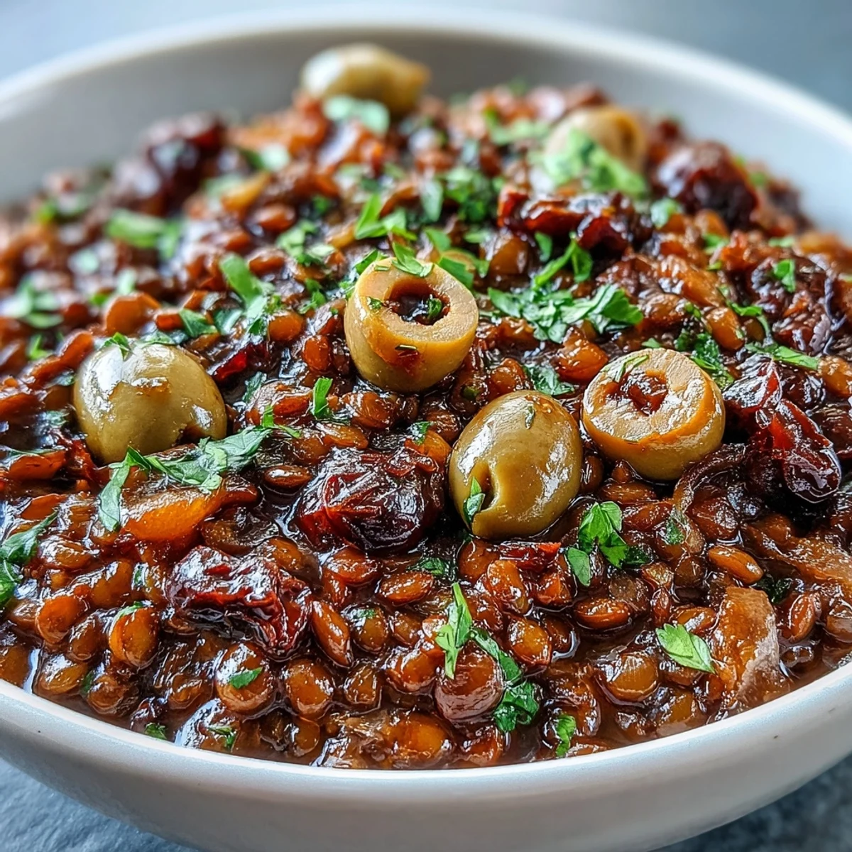 A close-up of Cuban-Inspired Lentil Picadillo in a skillet, with glistening olives, plump raisins, and fresh cilantro garnish.