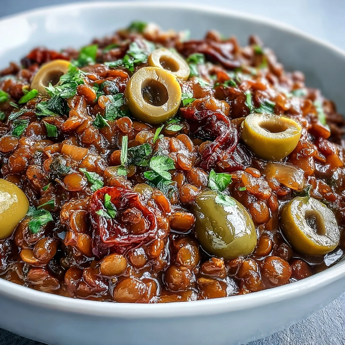 Steam rises from a bowl of Cuban-Inspired Lentil Picadillo, served alongside fluffy white rice for a hearty meal.