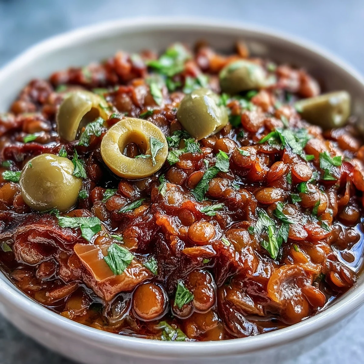A vibrant plate of Cuban-Inspired Lentil Picadillo features lentils, diced carrots, and red wine vinegar garnish.
