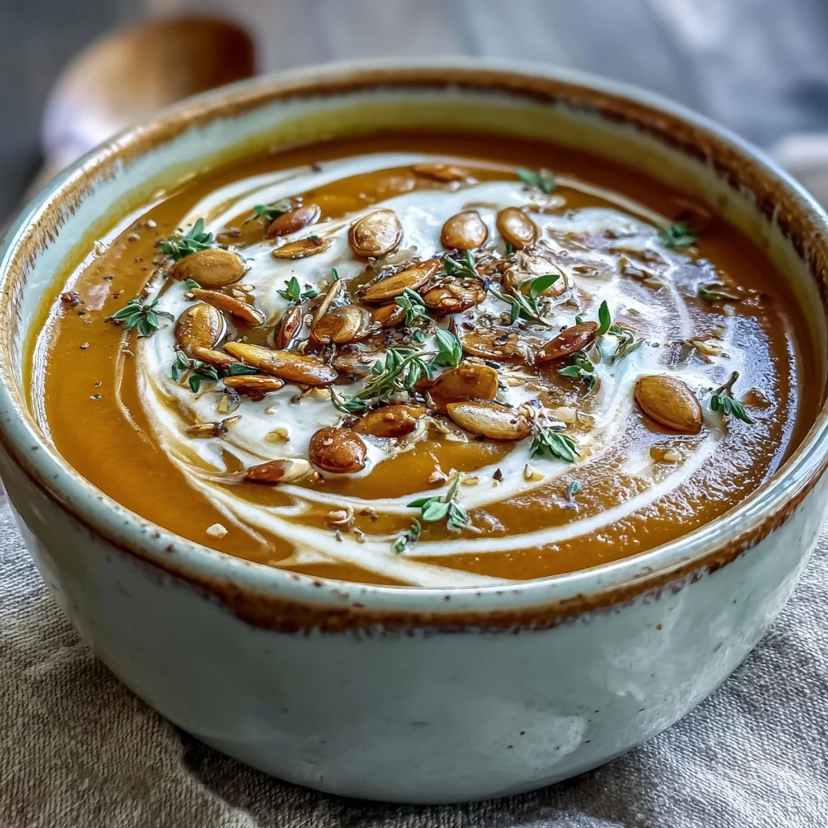 A bowl of creamy Butternut Squash and Apple Soup garnished with toasted pumpkin seeds and a swirl of cream.