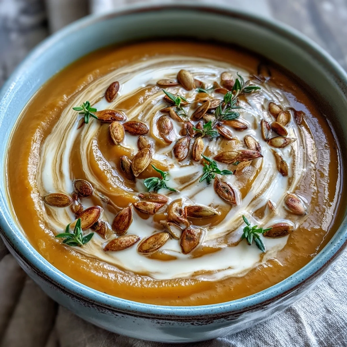 Vibrant orange Butternut Squash and Apple Soup in a rustic bowl, perfect for a cozy autumn dinner.