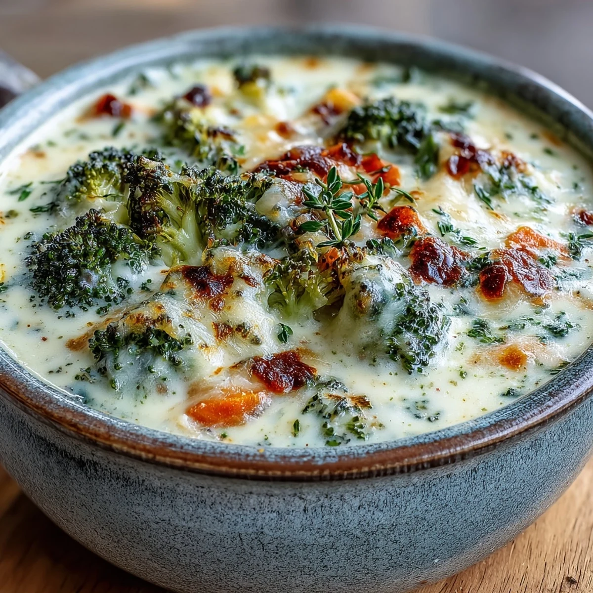 A bowl of creamy roasted broccoli cheddar soup, topped with golden broccoli florets and fresh grated cheddar, served with crusty bread.