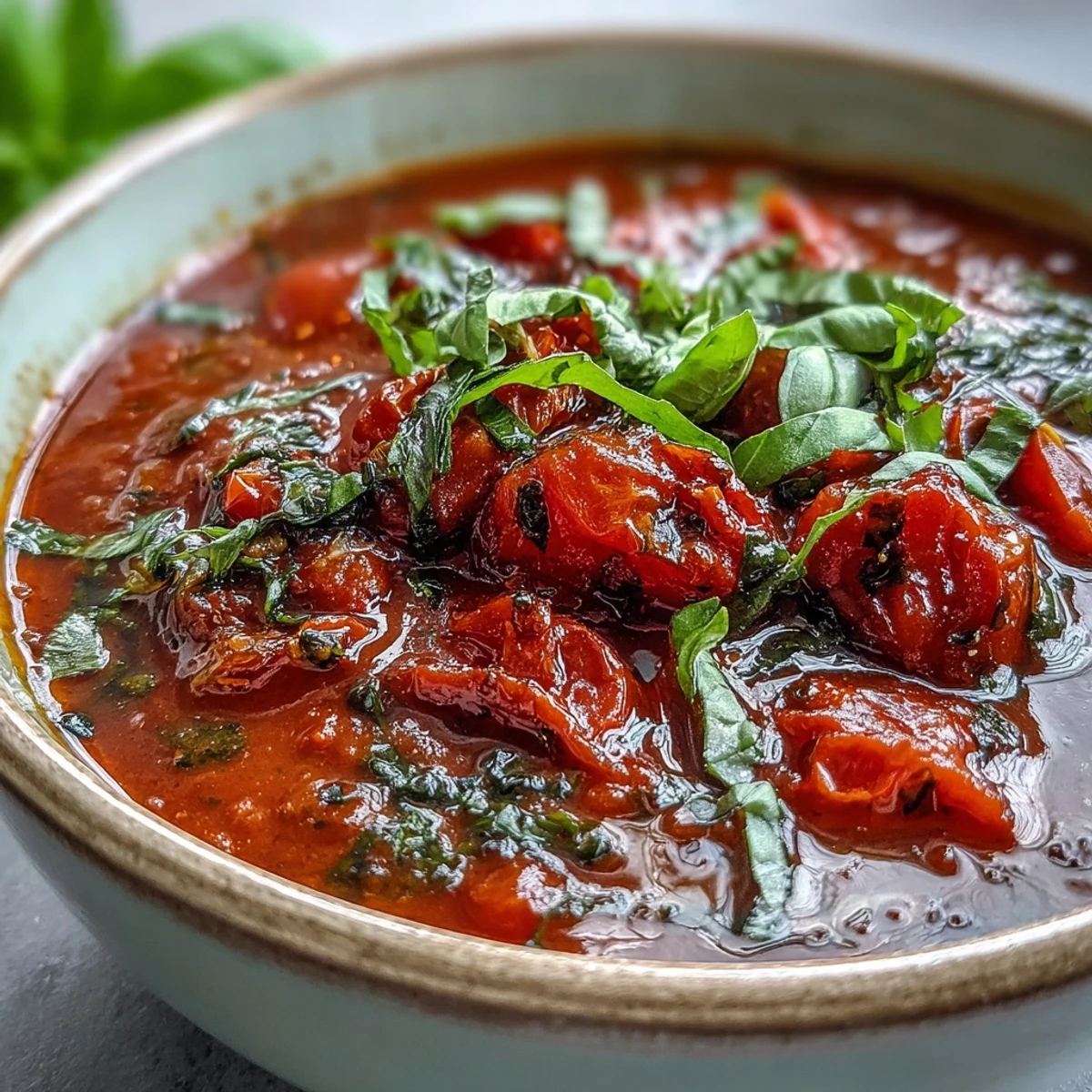 Freshly roasted tomatoes, onions, and garlic blend into a creamy, vibrant Roasted Tomato Basil Soup, perfect for dipping grilled cheese.  