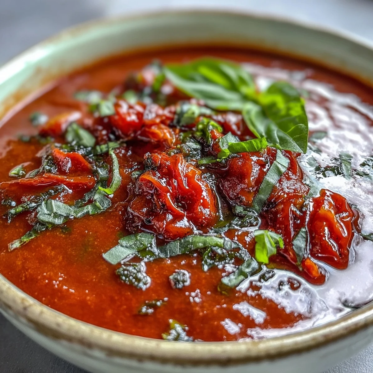 Spoon into a rich, silky Roasted Tomato Basil Soup, drizzled with cream and served alongside crusty bread for a cozy meal.