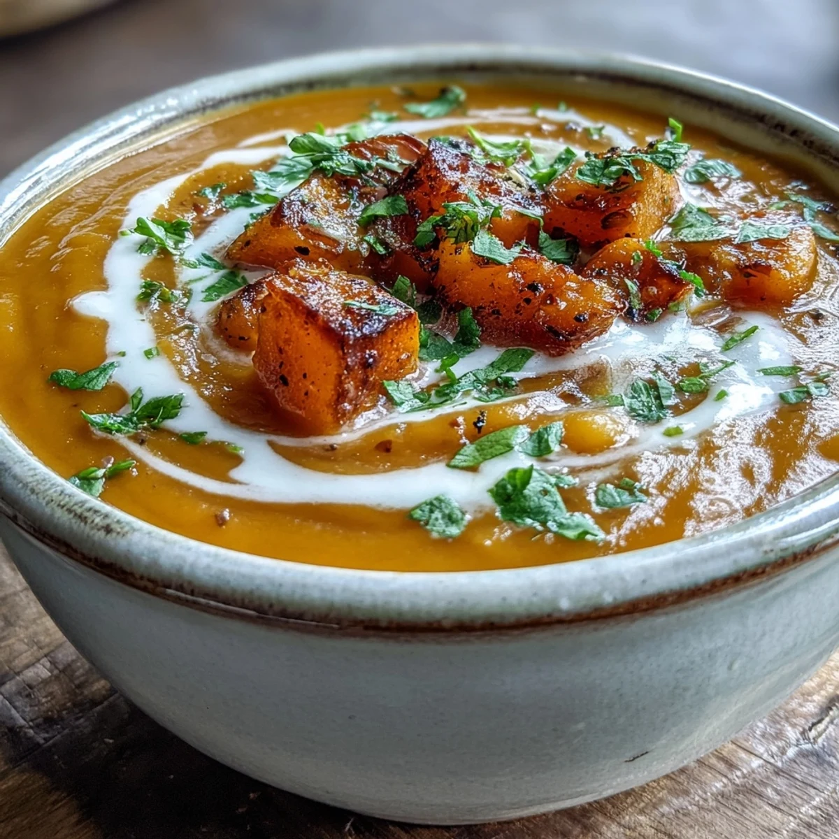 Creamy Butternut Squash and Lentil Soup garnished with cilantro in a rustic bowl. 