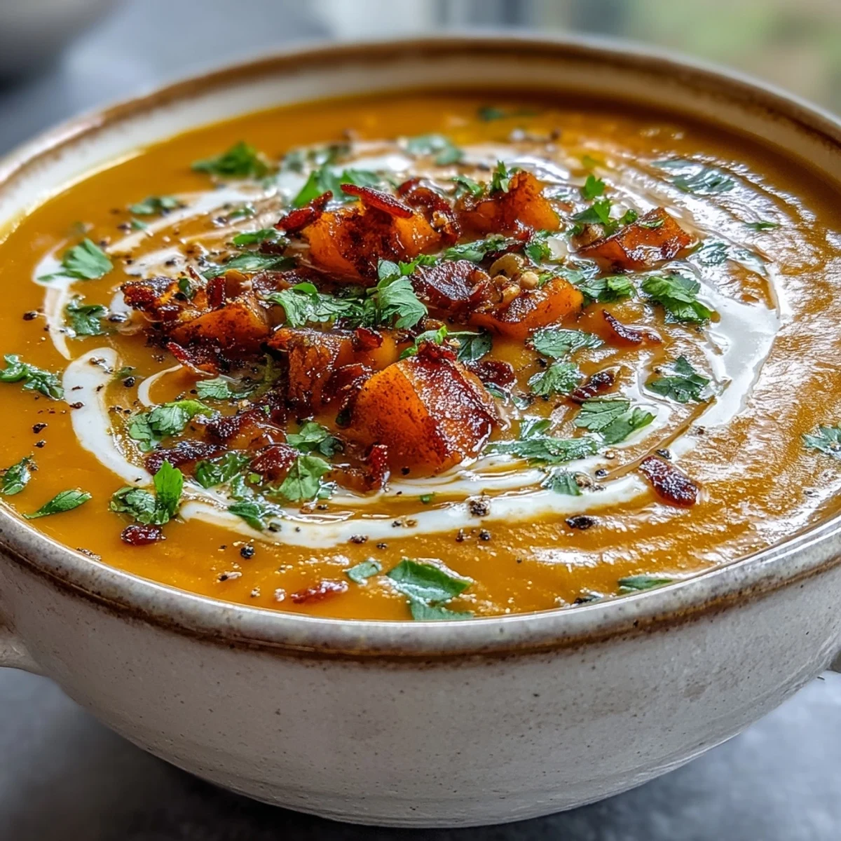 Roasted Butternut Squash and Lentil Soup with coconut cream swirl and fresh cilantro garnish.