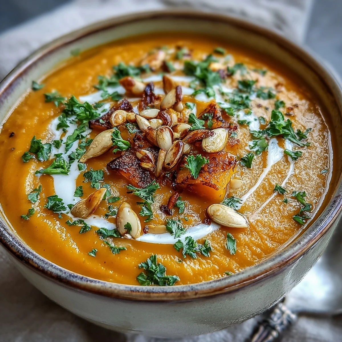 A bowl of creamy roasted broccoli and butternut squash soup garnished with toasted pumpkin seeds.