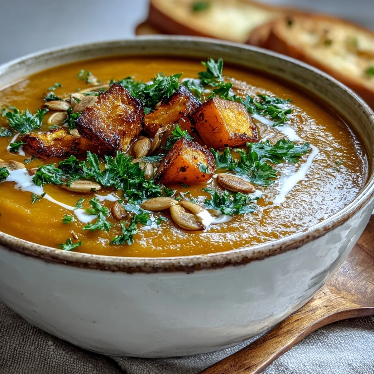 A close-up of the velvety roasted broccoli and butternut squash soup topped with fresh parsley.