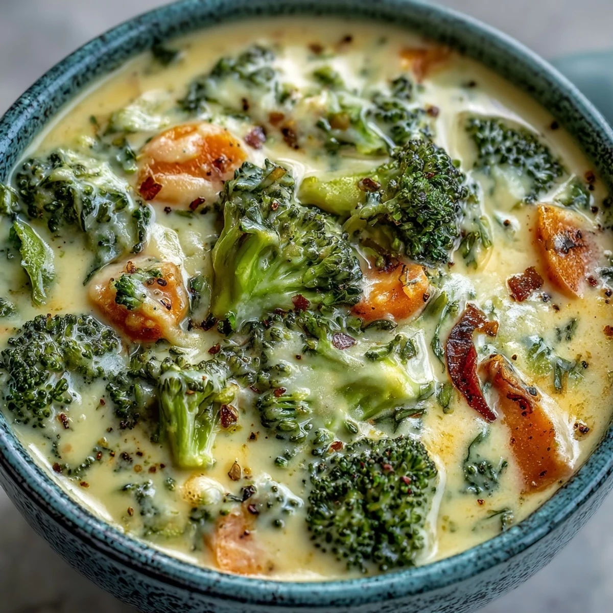 A steaming bowl of creamy Broccoli Cheddar Soup, garnished with extra shredded sharp cheddar and fresh broccoli florets, served with crusty bread.
