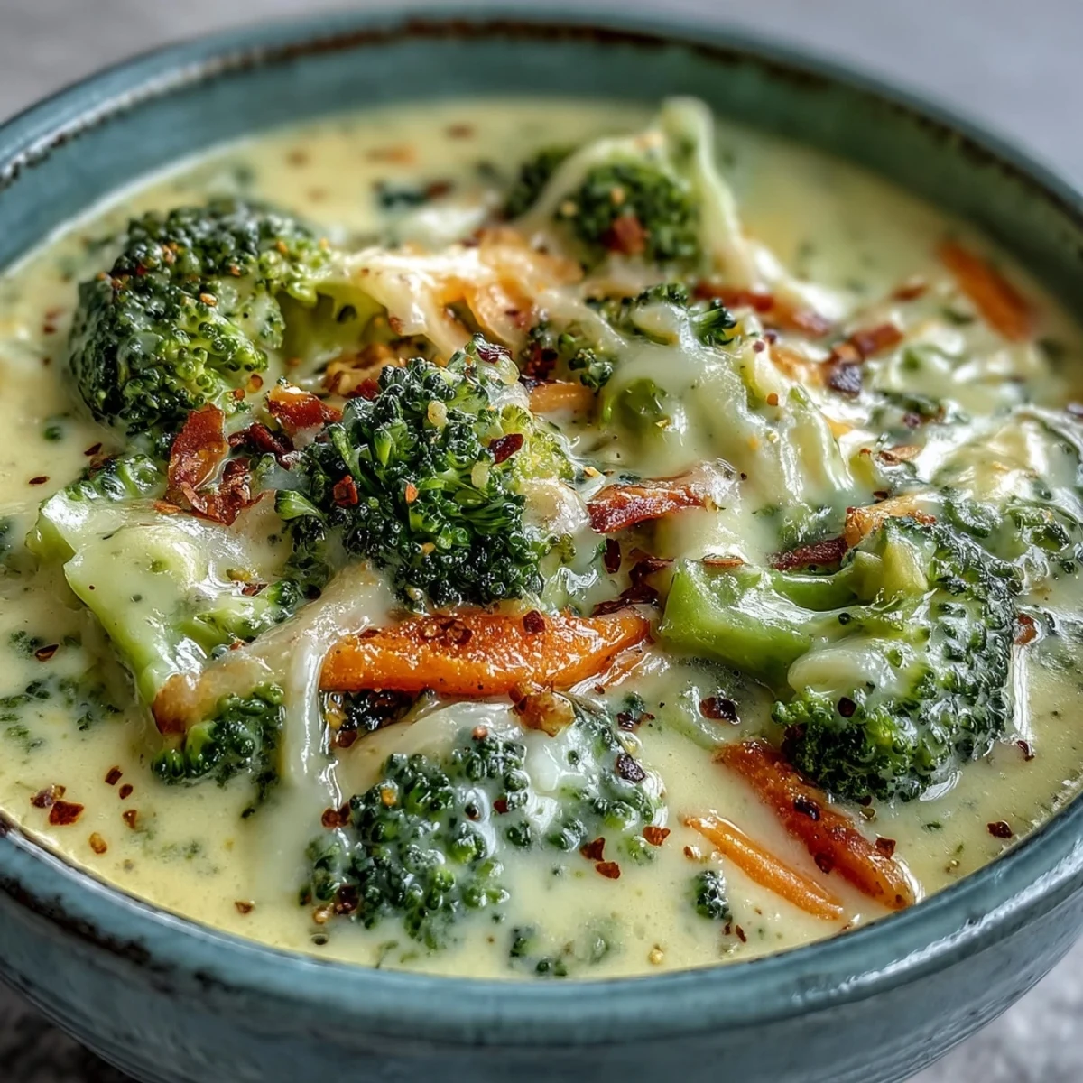 Close-up of rich Broccoli Cheddar Soup in a white bowl, showing melted cheddar strands and vibrant green broccoli pieces.