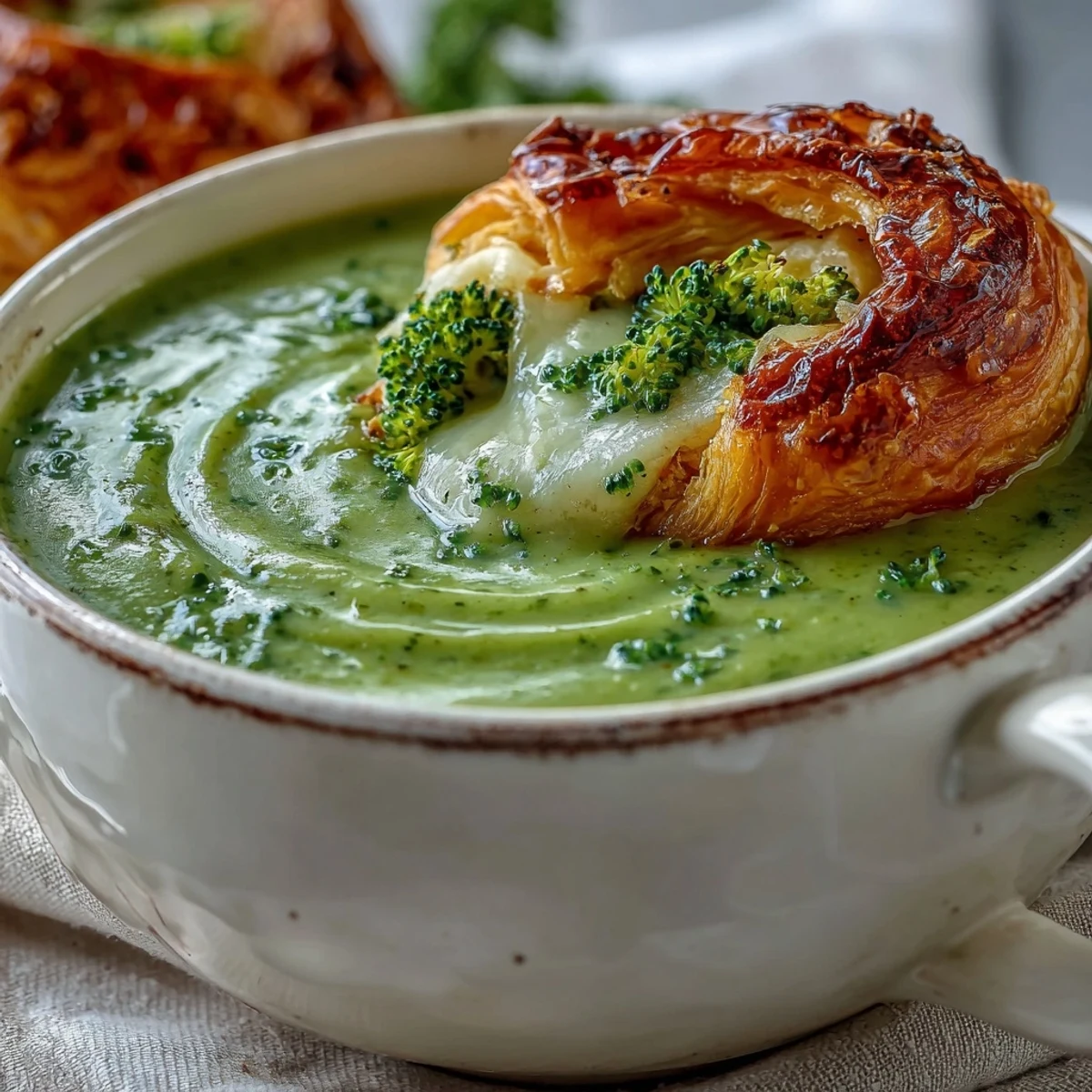 Golden, flaky puff pastry squares stuffed with melted brie and sharp cheddar cheese beside a creamy orange soup topped with fresh broccoli florets.