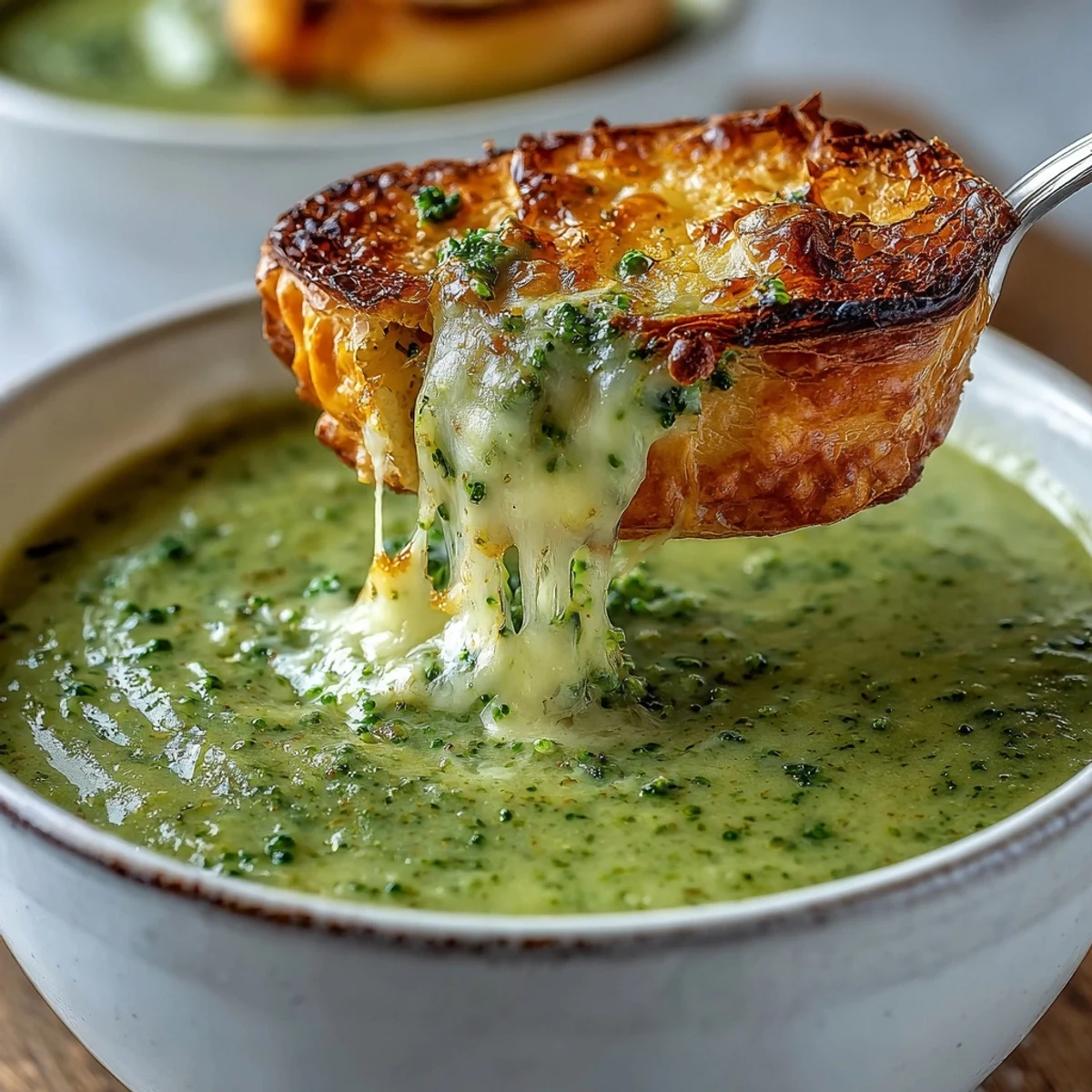 Velvety Creamy Broccoli and Butternut Squash Soup With Pastries served steaming in a rustic bowl with a golden brie-filled pastry resting on the rim.