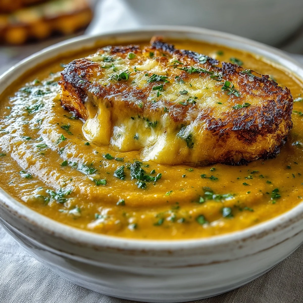 A spoon dips into the smooth Creamy Broccoli and Butternut Squash Soup With Pastries, revealing a rich, velvety texture and savory melted cheese filling.