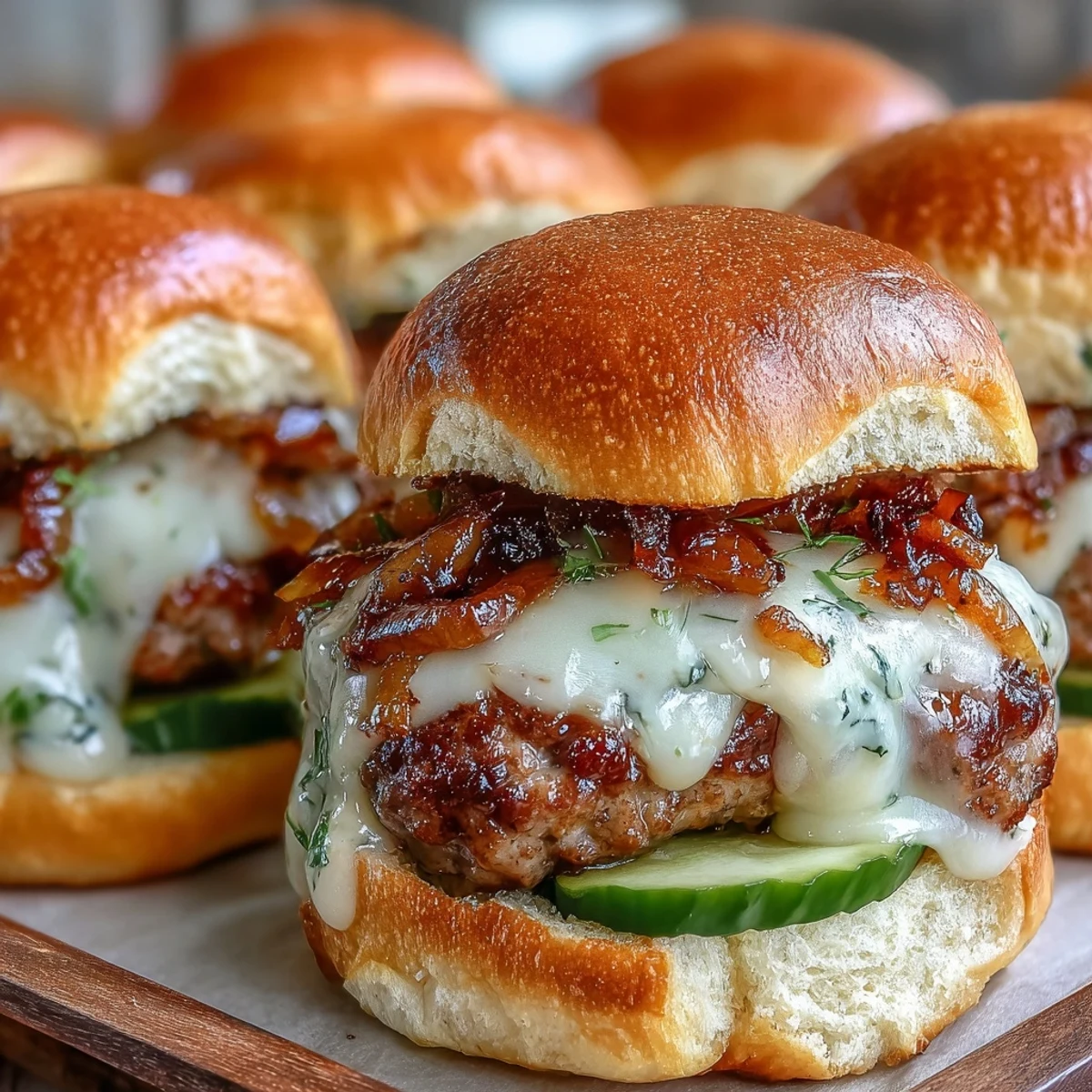 Golden-brown Touchdown Brat Sliders on a platter, topped with beer cheese sauce, caramelized onions, and pickles for game day.