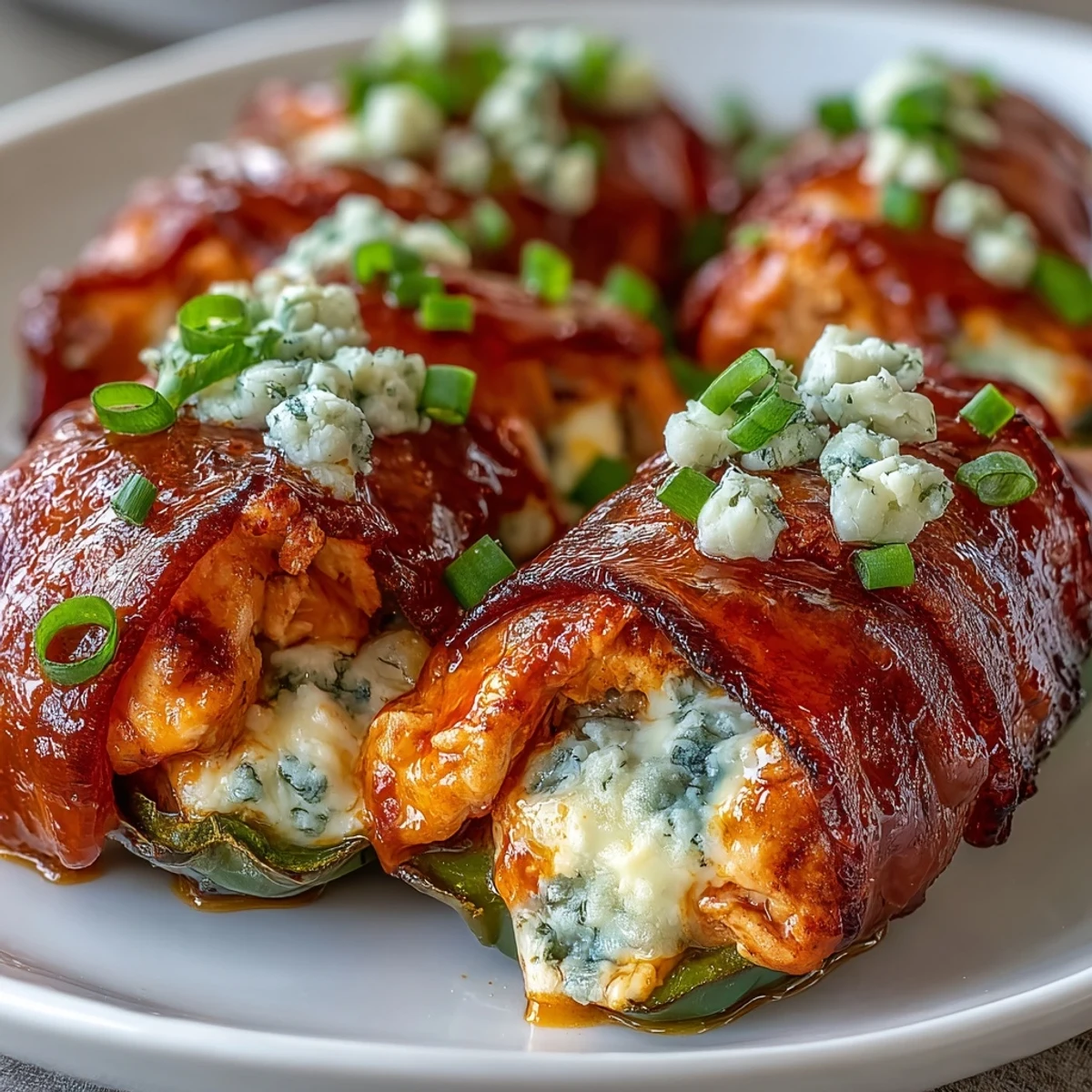 Golden-brown Buffalo Wing Poppers with melted blue cheese and fresh chives, served warm on a rustic wooden board.