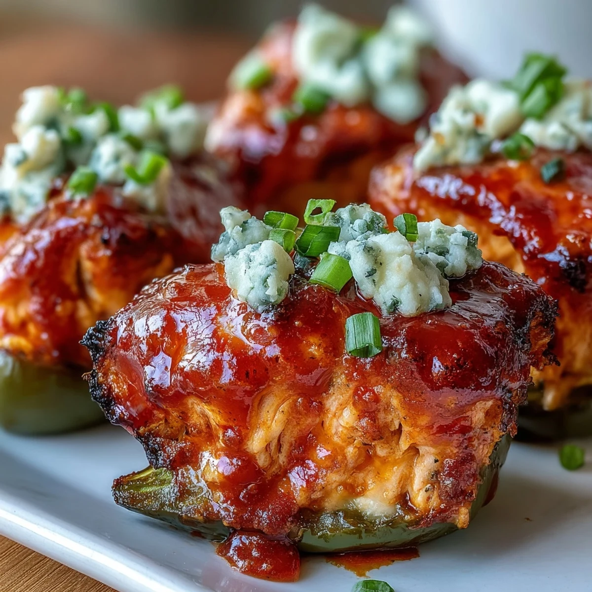 Freshly baked Buffalo Wing Poppers with creamy blue cheese filling, arranged on parchment with celery sticks for dipping.