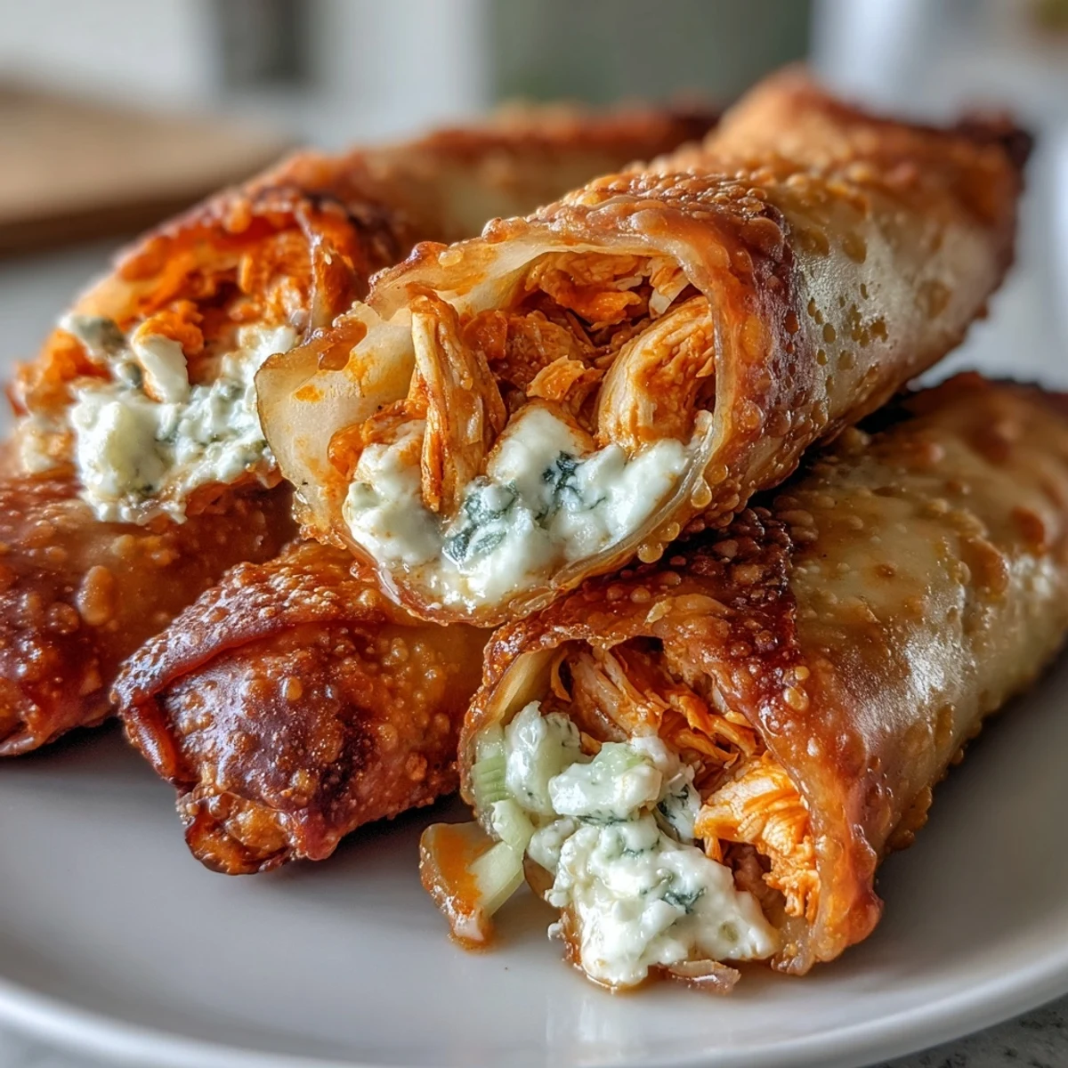 Golden brown Buffalo Chicken Egg Rolls with crispy wrappers, stacked on a platter with creamy blue cheese dip.