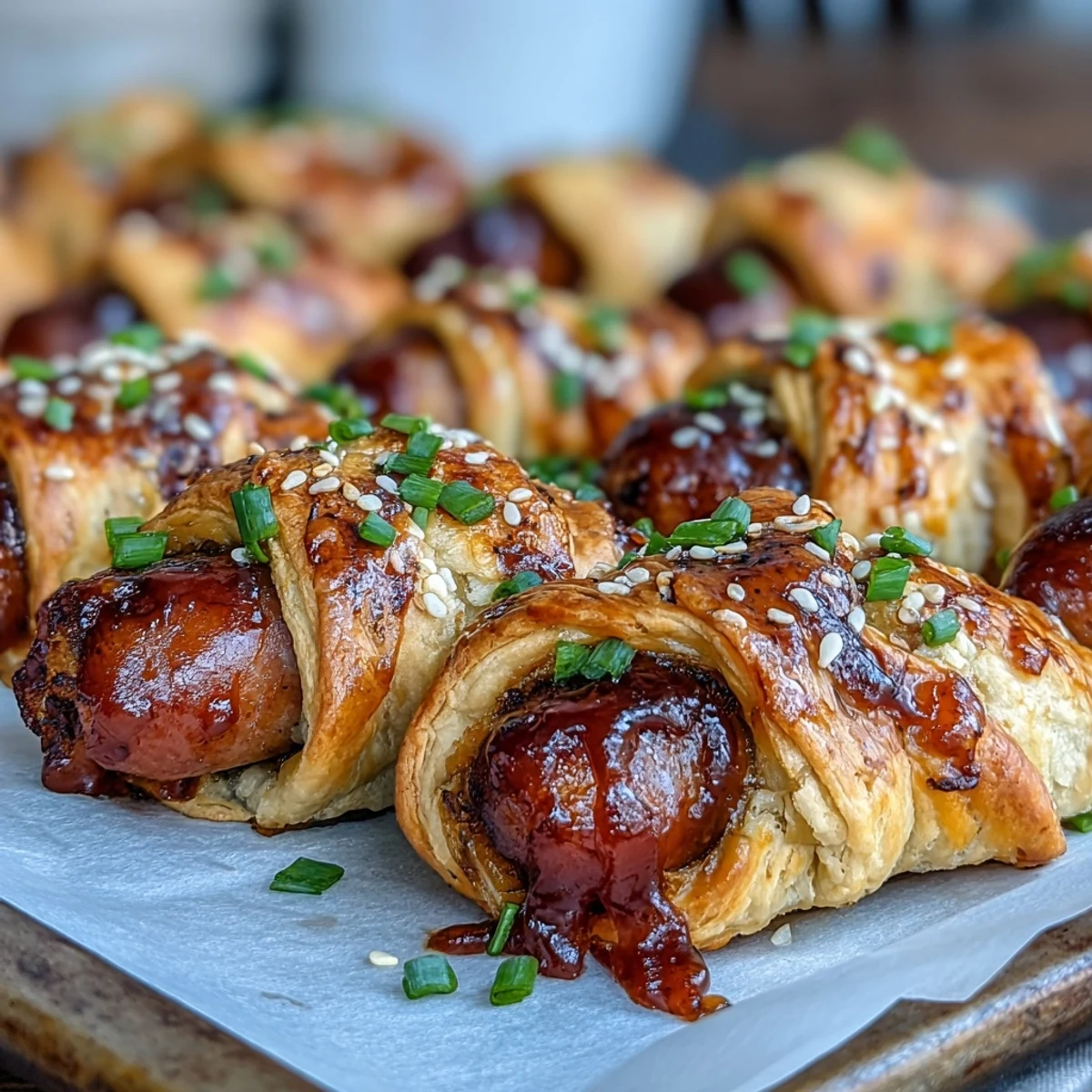 Golden-brown Pepper Jelly Hogs in a Blanket resting on a serving platter, garnished with fresh chives and sesame seeds for a party.