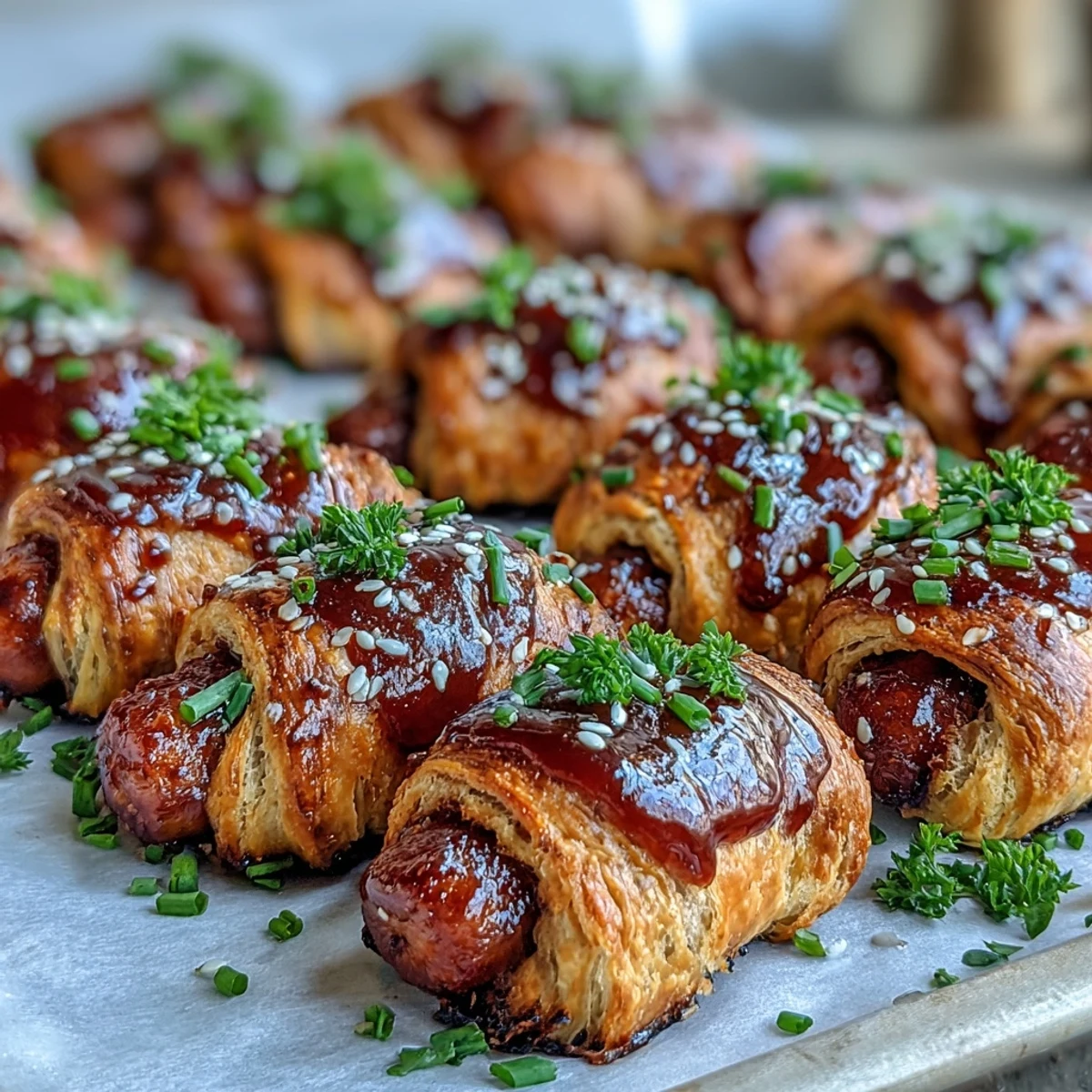 Freshly baked Pepper Jelly Hogs in a Blanket arranged on a rustic wooden board, ready to serve with a side of spicy mustard.