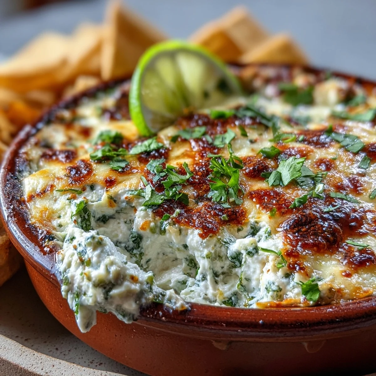 Cheesy, tangy Cilantro and Lime Chicken With Scoops dip bubbling from the oven, paired with crunchy tortilla scoops.