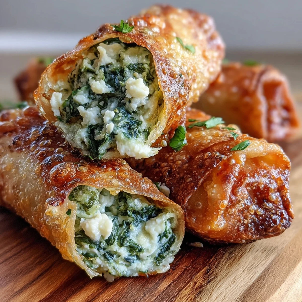Golden-brown Spanakopita Spring Rolls stacked on a white plate with a small bowl of creamy yogurt-dill dip.
