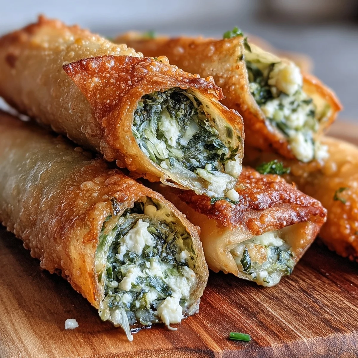 Freshly fried Spanakopita Spring Rolls served with lemon wedges on a rustic wooden board.