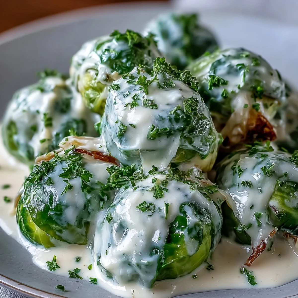 Golden-brown Brussels sprouts coated in a silky cream cheese-Dijon mustard sauce, garnished with fresh parsley for a German-inspired vegetarian dinner.