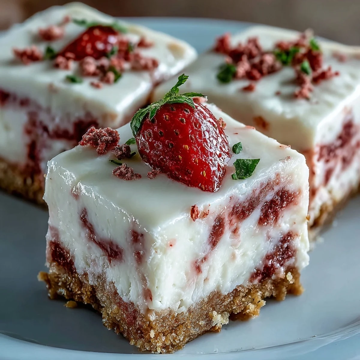A close-up of No-Bake Strawberry Fudge Squares, showing a smooth, vibrant pink topping and a crunchy biscuit base on a marble slab.