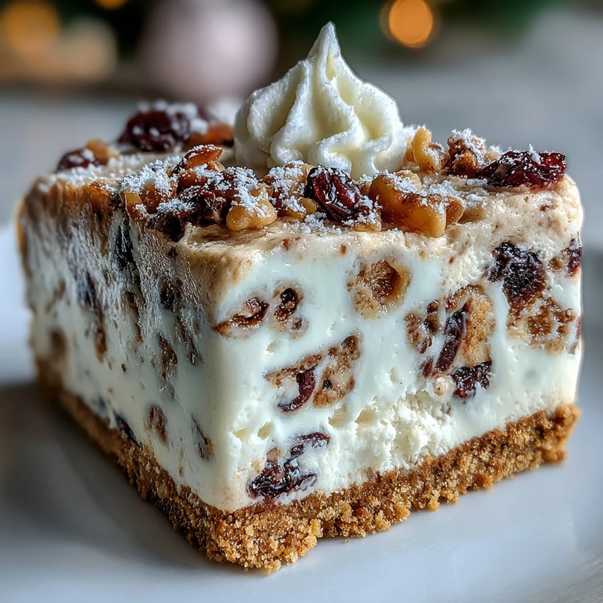 Festive Christmas Cheesecake Slab served with whipped cream dollops, perfect for a holiday dessert spread or buffet table.