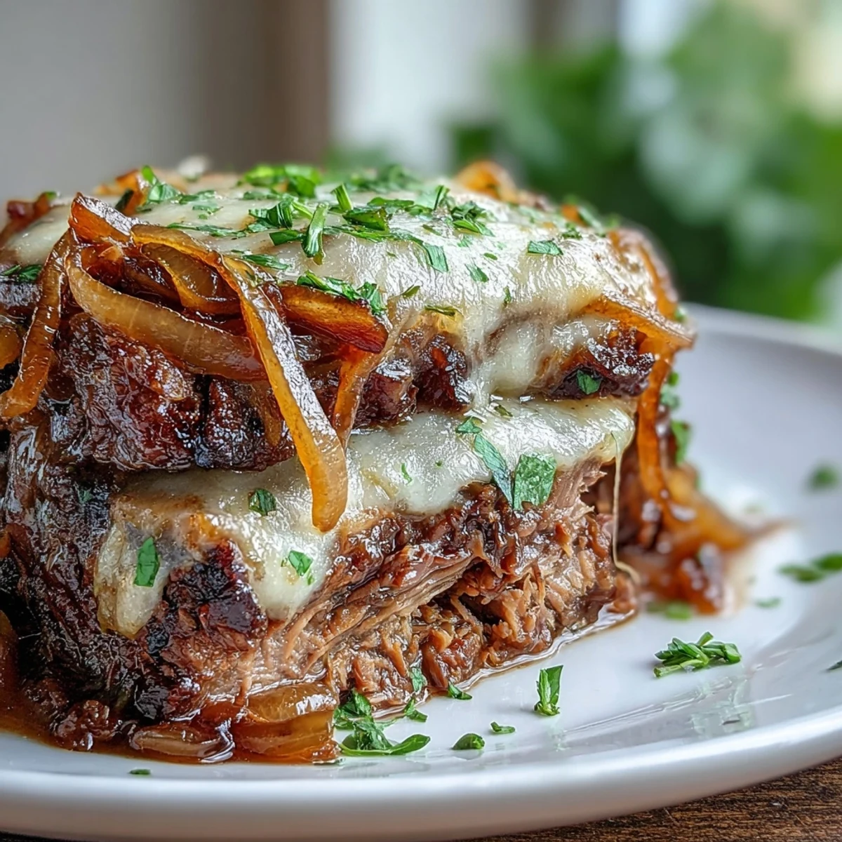 Savory Crock Pot French Onion Pot Roast simmers in rich beef and wine juices with caramelized onions and thyme until fork-tender.
