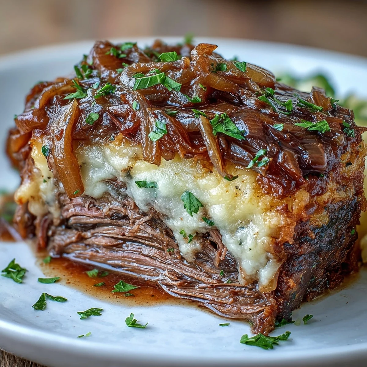 Tender slices of Savory Crock Pot French Onion Pot Roast topped with gooey melted Gruyere and fresh parsley in a slow cooker.