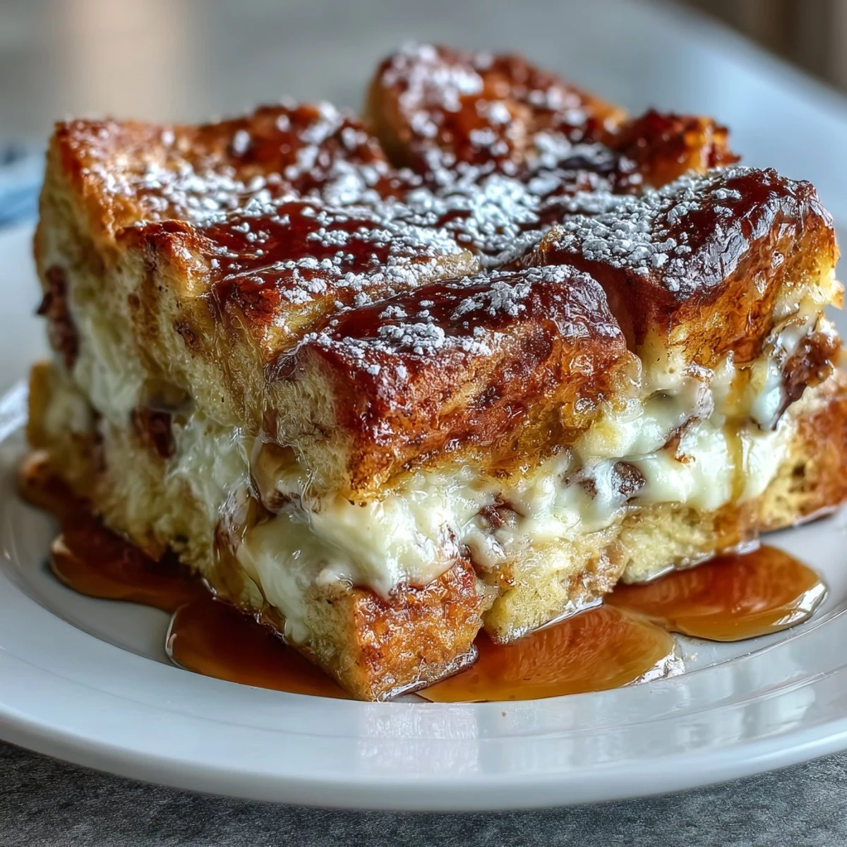 Slice of Monte Cristo Breakfast Casserole served on a plate, ready for a sweet breakfast.