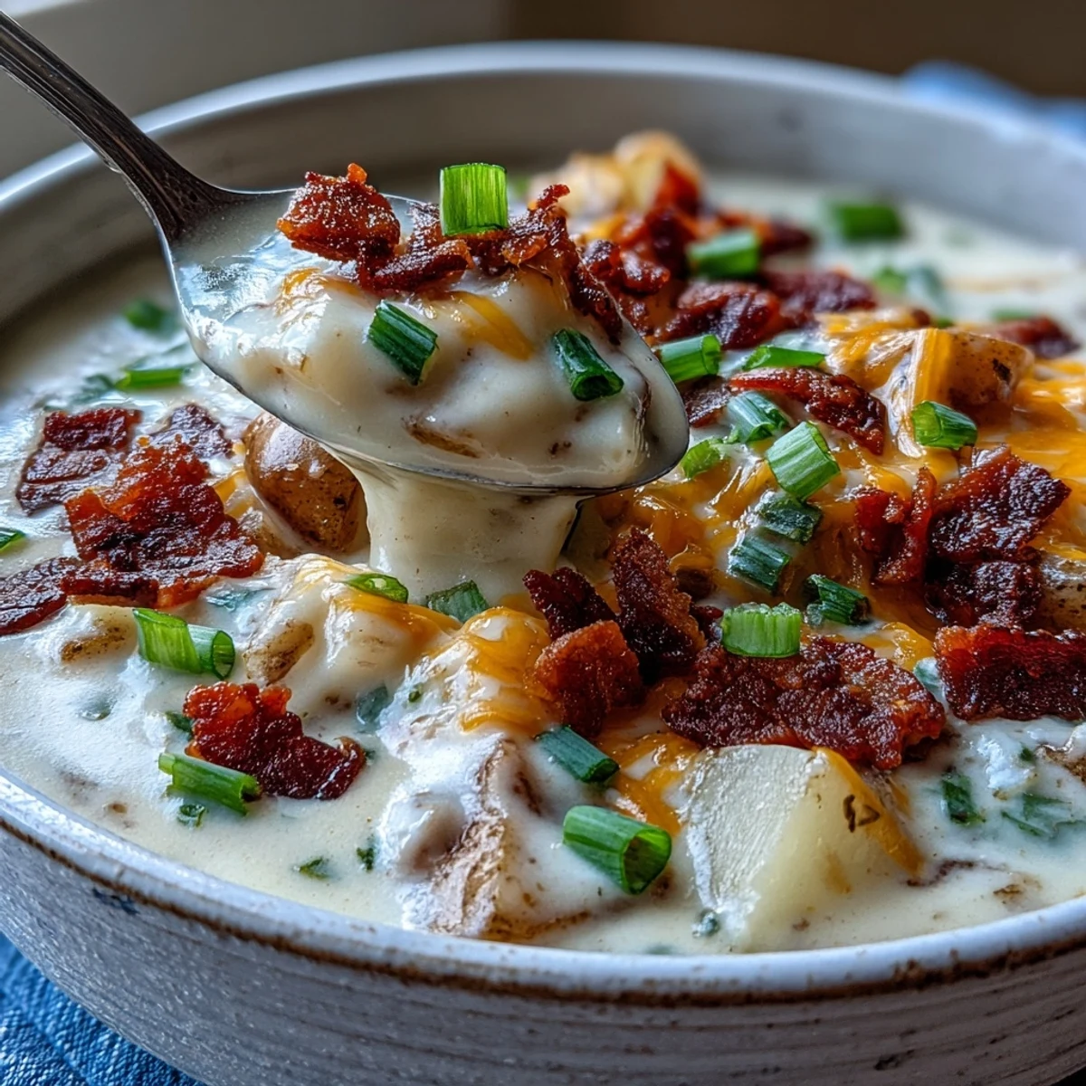 Thick, creamy Loaded Potato Soup with melted cheddar, crumbled bacon, and fresh green onions in a cozy bowl.