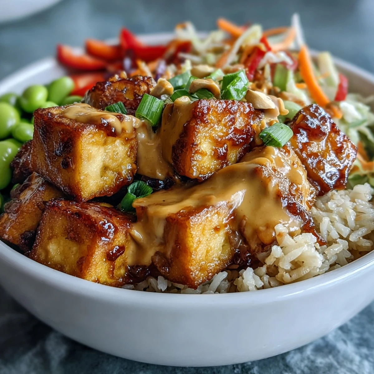Close-up of a nourishing Peanut Tofu Power Bowl featuring golden tofu cubes, crunchy veggies, and sesame seeds.