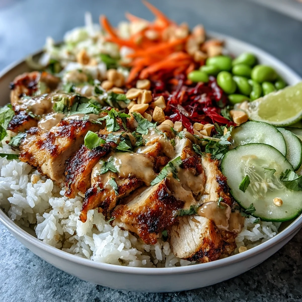 A vibrant Coconut Rice Peanut Bowl features fluffy coconut rice topped with grilled chicken, crunchy red cabbage, carrots, and a creamy peanut drizzle.