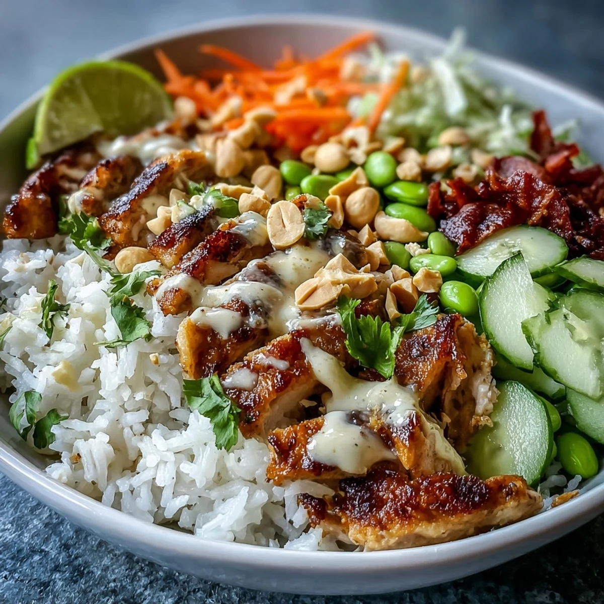 Golden grilled chicken slices rest on fluffy coconut rice, surrounded by crisp cucumbers, edamame, and vibrant purple cabbage in this savory bowl.