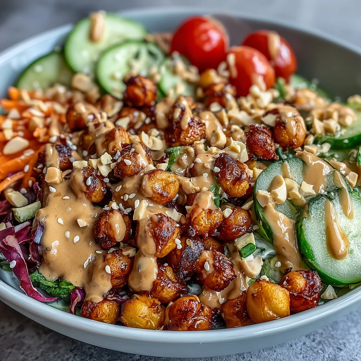 Vibrant Peanut Chickpea Protein Bowl with roasted chickpeas, fresh veggies, and creamy peanut sauce drizzle.