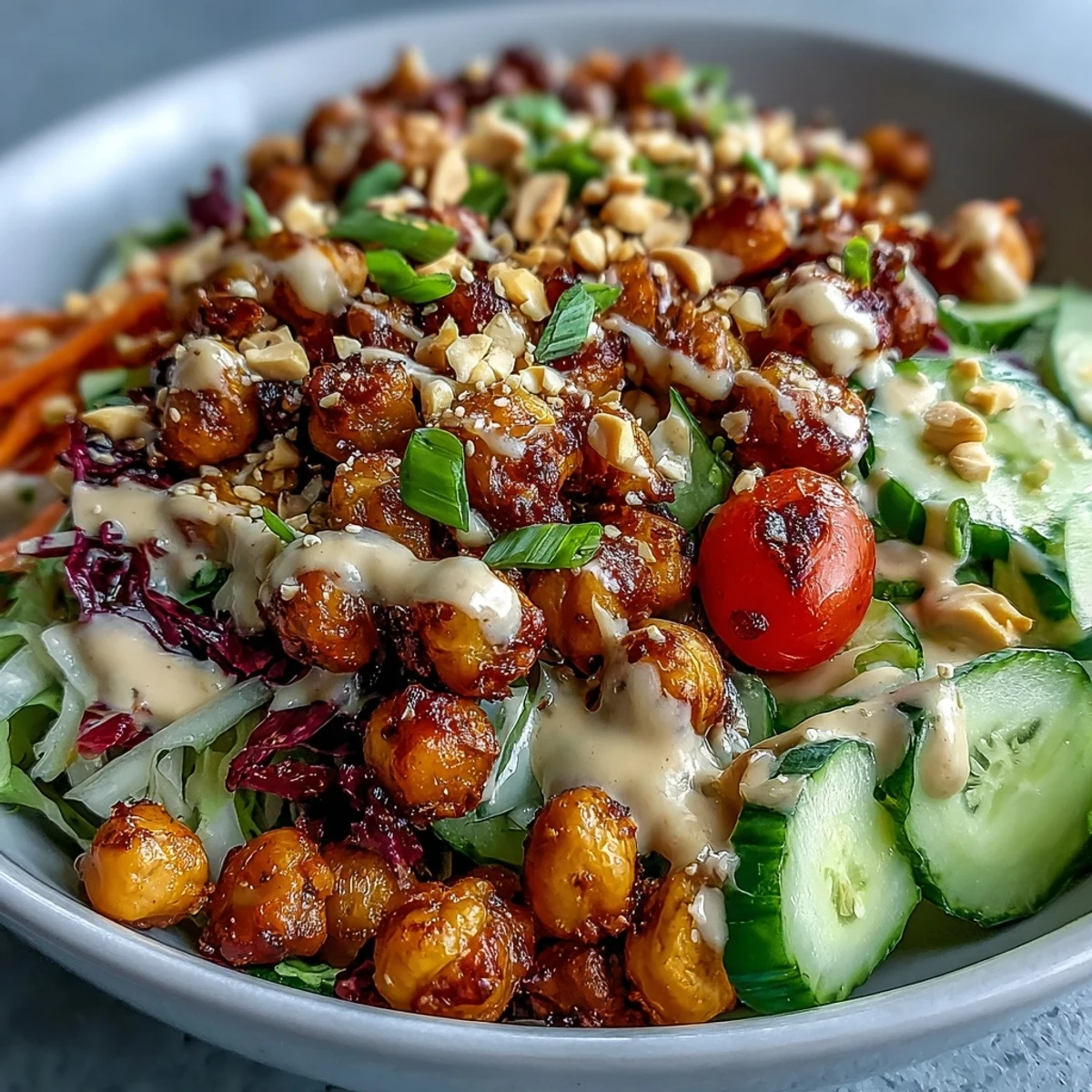 Overhead view of a wholesome Peanut Chickpea Protein Bowl featuring crisp vegetables and a rich peanut drizzle.