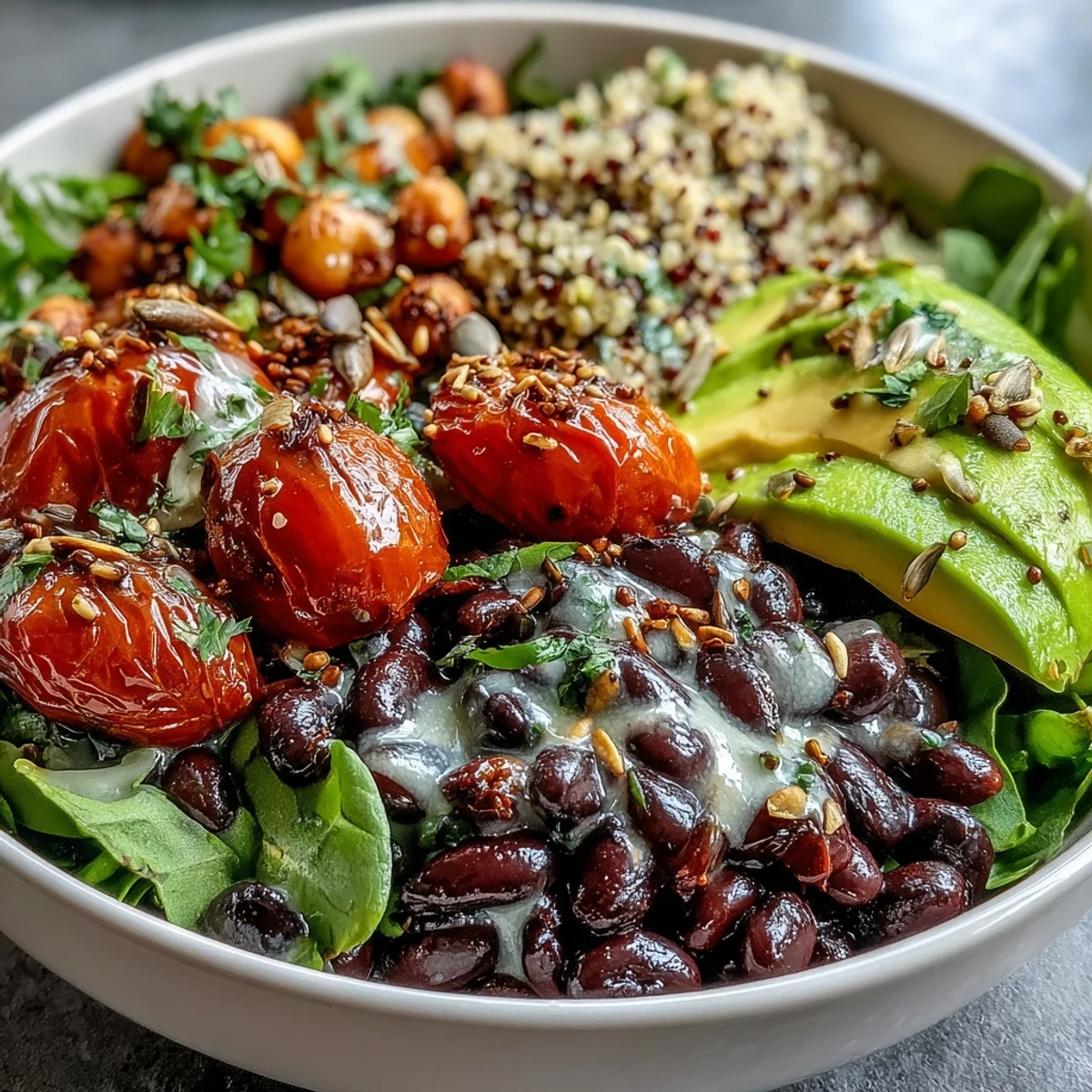 A vibrant Three-Bean Power Bowl with mixed beans, quinoa, and avocado, drizzled with zesty lemon dressing for a fresh meal.