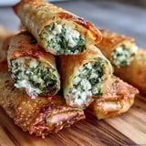 A hand dipping a crispy Spanakopita Spring Roll into a vibrant green Greek yogurt sauce.